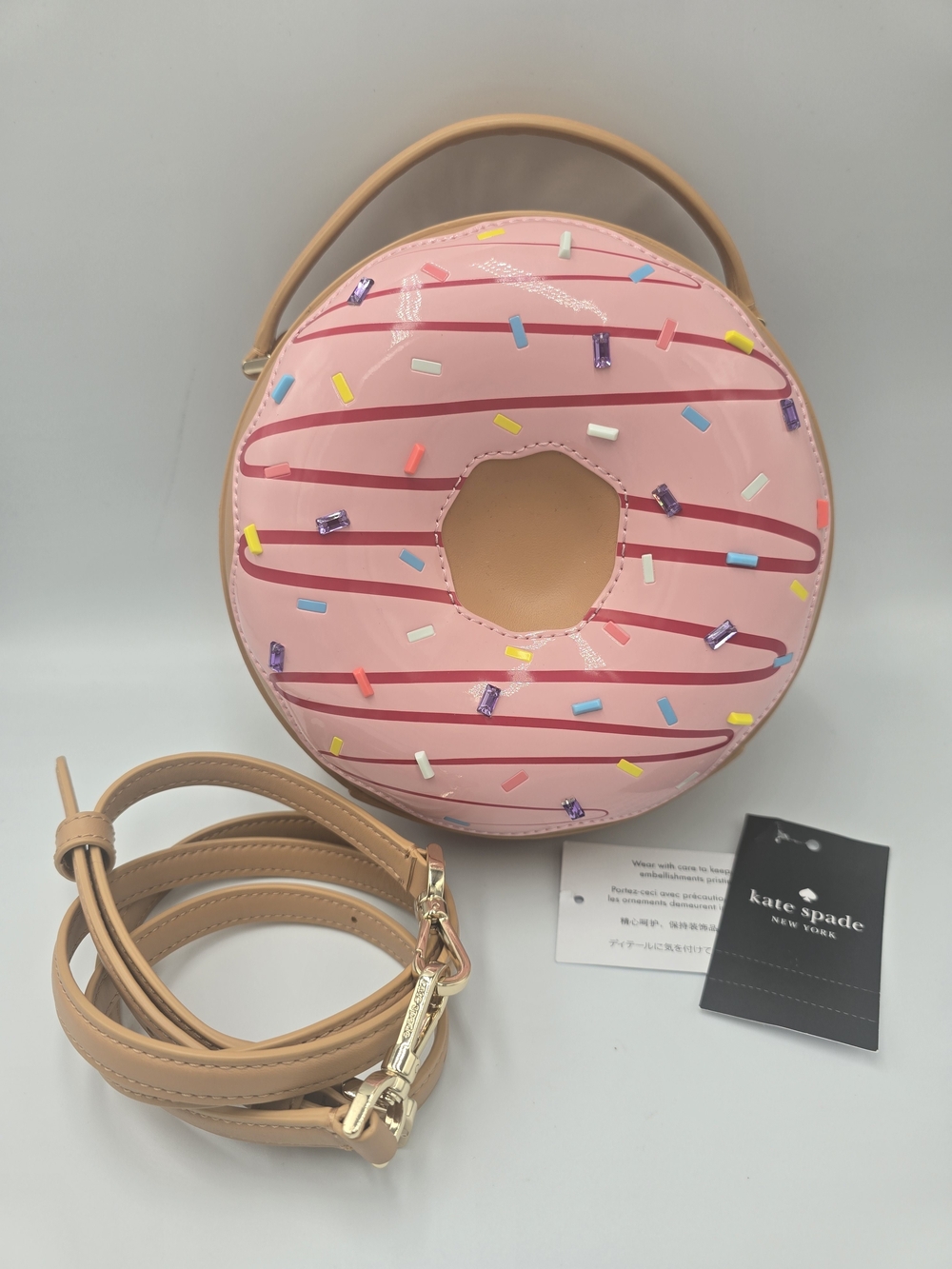 KATE SPADE Pink Donut Sprinkles Crossbody Bag Tan Strap Novelty Coffee Break